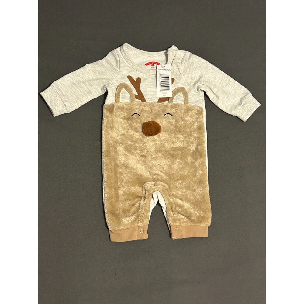 NWT Holiday Time Baby Reindeer Romper Beige 0-3M Christmas Onesie